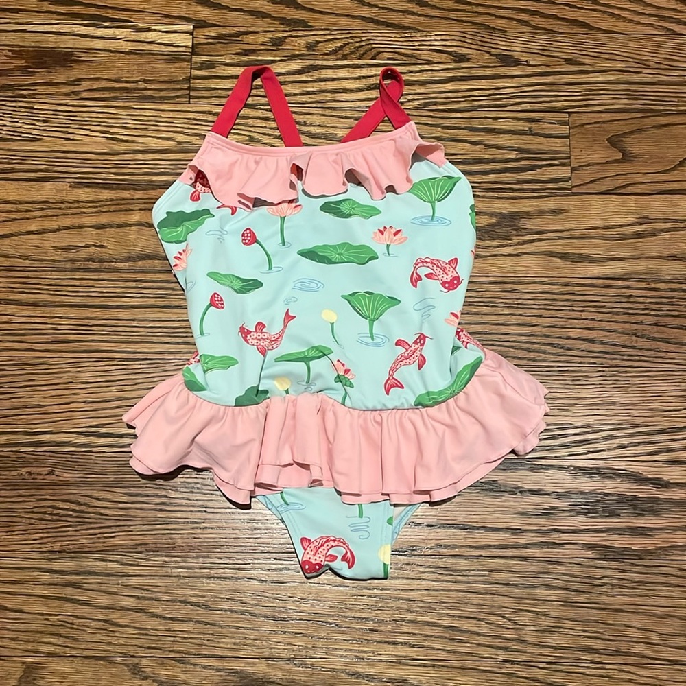 Beaufort Bonnet Company swimsuit size 6 Coy fish pattern with pink ruffle